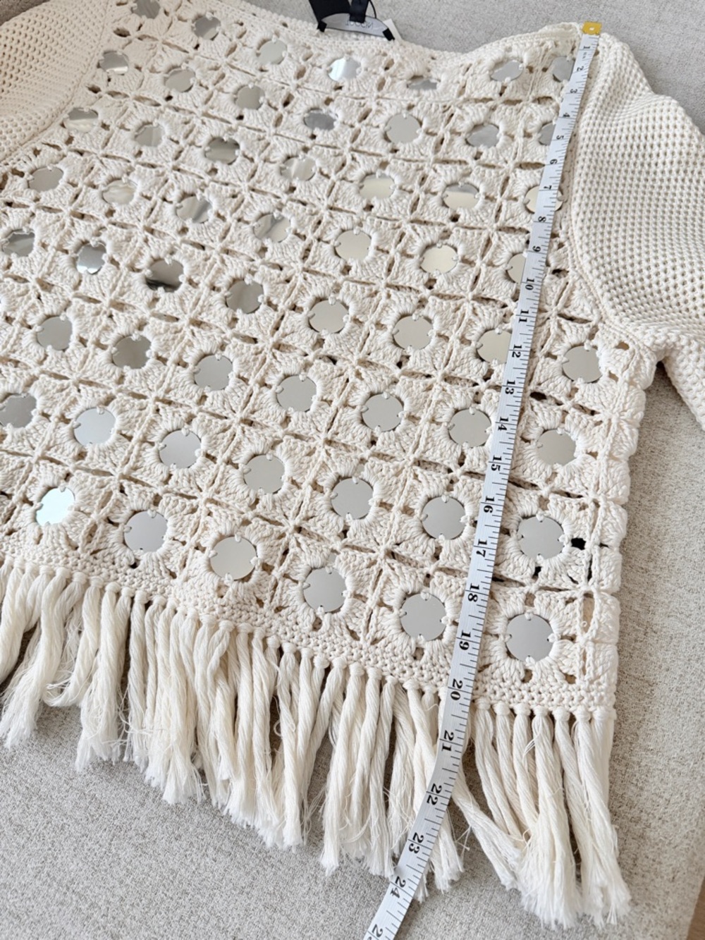 🌞 Toccin Camilla Mirrored Crochet Fringe Sweater Top Cream Off-White Large L - Picture 10 of 14